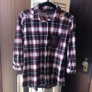 Burgundy/wine and black plaid button-up with lace pocket and lace detail on back